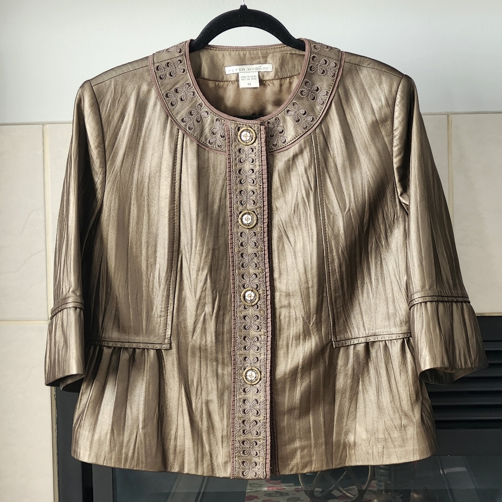 Peter Nygard Genuine Leather bell sleeves, Embroidered Women Jacket, Size 14